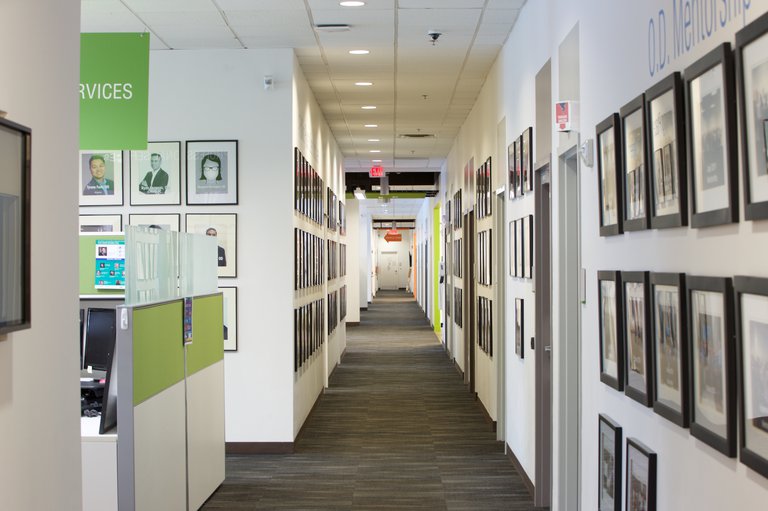 Hallway at corporate headquarters.